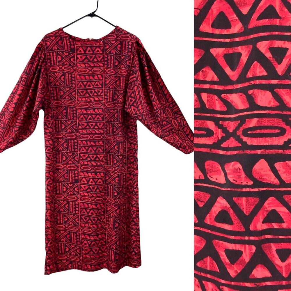 Vintage 90’s Rayon Batik Puff Batwing Sleeves Midi Dress Size S